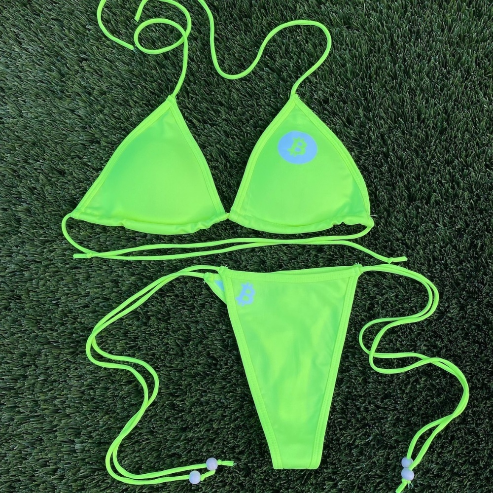 The Original Bitcoin Thong Bikini in Neon Green and White Bitcoin